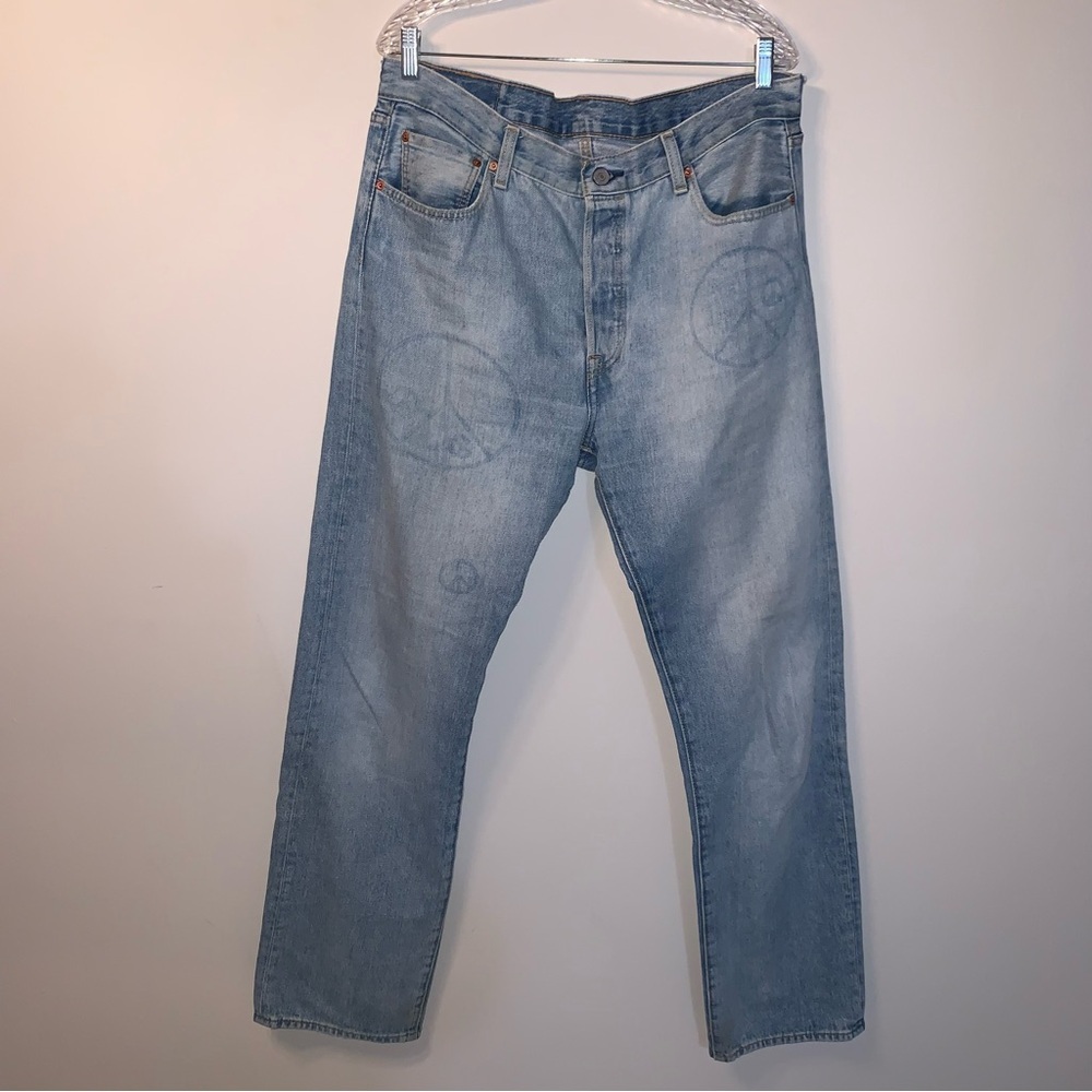 Levis 501 150th Jeans Mens 36x34 Blue Peace Sign Print Denim Button Fly Rare